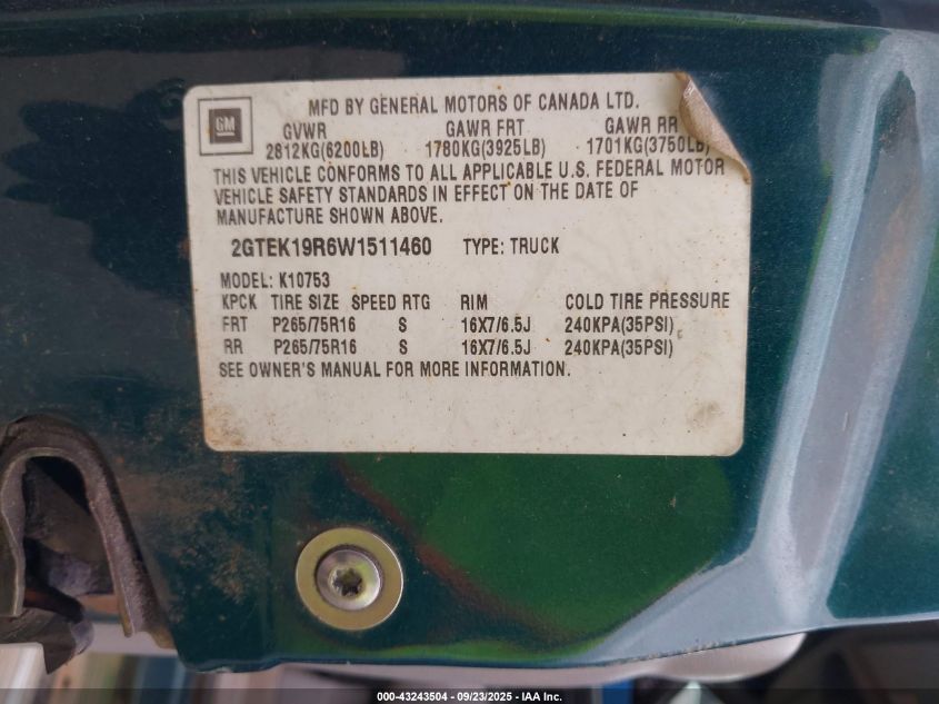 1998 GMC Sierra 1500 Sl Wideside VIN: 2GTEK19R6W1511460 Lot: 43243504