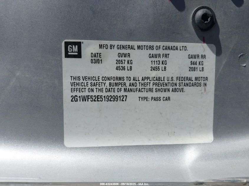 2001 Chevrolet Impala VIN: 2G1WF52E519299127 Lot: 43243506