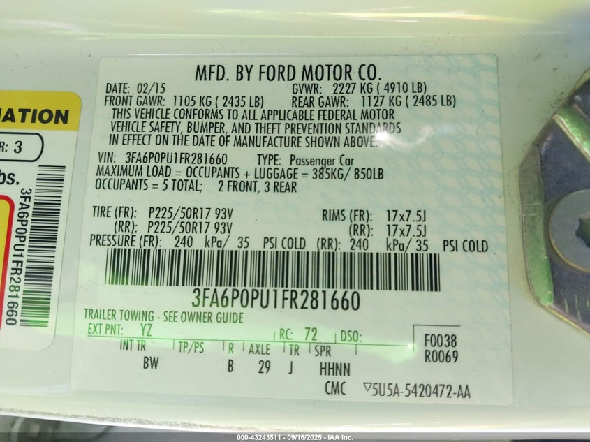 3FA6P0PU1FR281660 2015 FORD FUSION photo no. 9