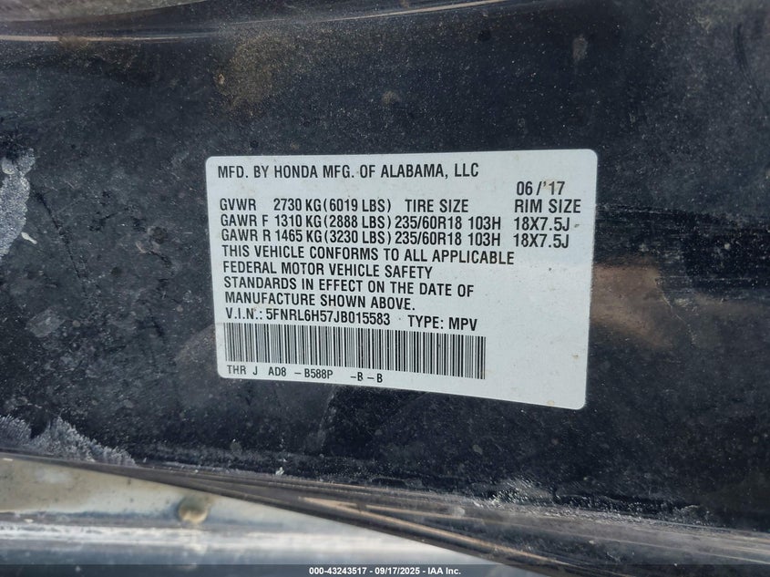 2018 HONDA ODYSSEY EX 5FNRL6H57JB015583