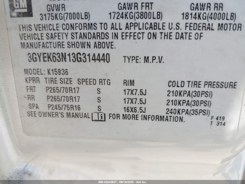 2003 Cadillac Escalade Ext Standard VIN: 3GYEK63N13G314440 Lot: 43243537