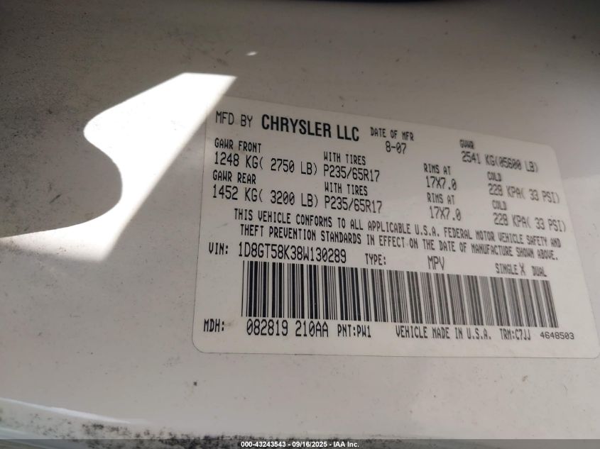 2008 Dodge Nitro Slt/Rt VIN: 1D8GT58K38W130289 Lot: 43243543