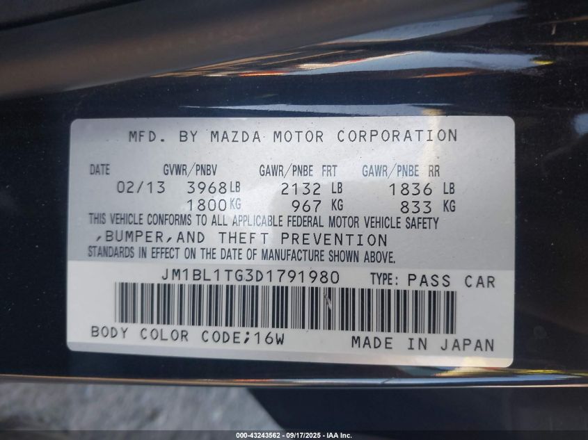 2013 Mazda Mazda3 I Sv VIN: JM1BL1TG3D1791980 Lot: 43243562