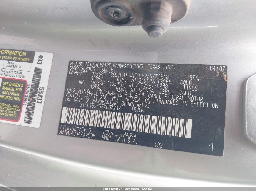 2007 Toyota Tundra Base V8 VIN: 5TFLT52137X007212 Lot: 43243567