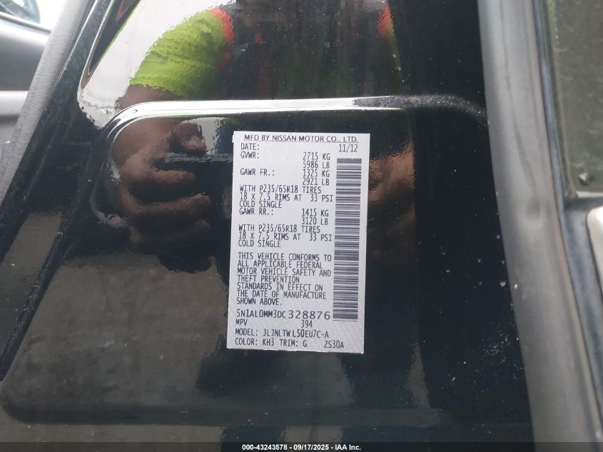 2013 Infiniti Jx35 VIN: 5N1AL0MM3DC328876 Lot: 43243578