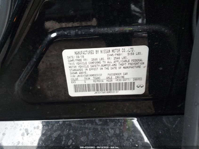 2019 Infiniti Q50 3.0T Luxe VIN: JN1EV7AR1KM553137 Lot: 43243583