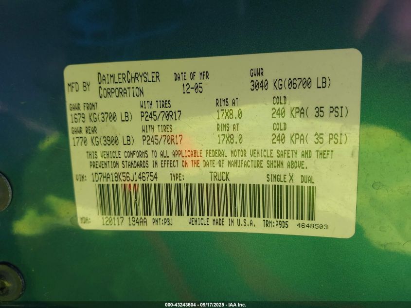 2006 Dodge Ram 1500 St VIN: 1D7HA18K56J146754 Lot: 43243604