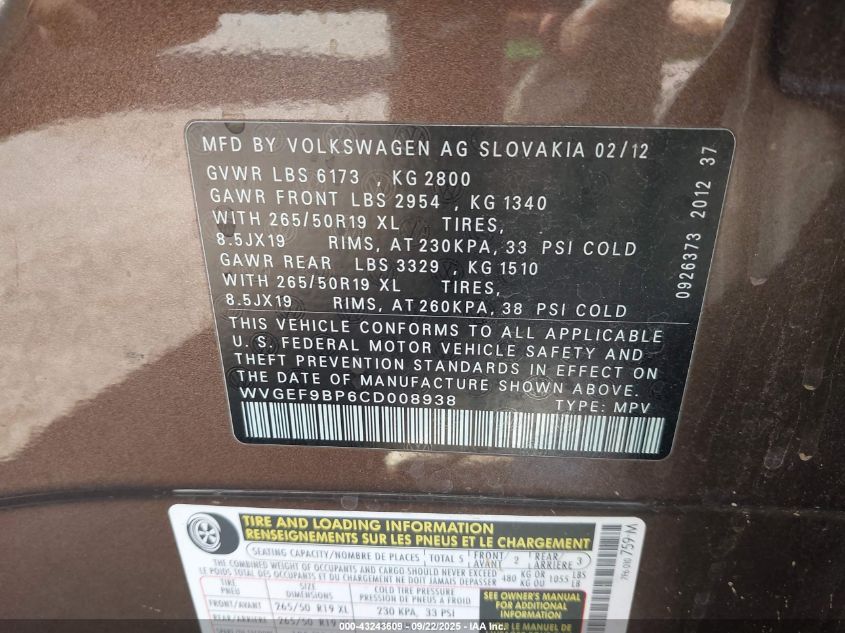 2012 Volkswagen Touareg Vr6 Lux VIN: WVGEF9BP6CD008938 Lot: 43243609