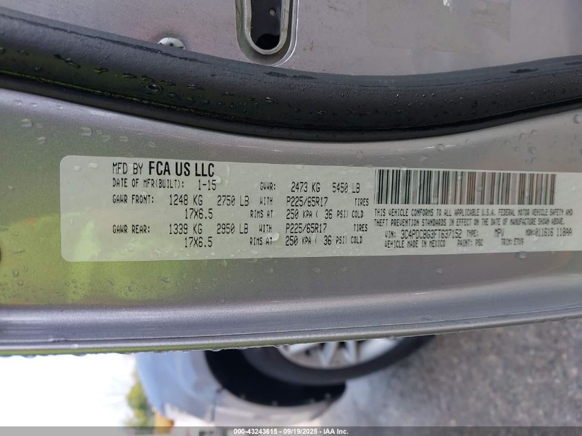 2015 Dodge Journey Sxt VIN: 3C4PDCBG3FT637152 Lot: 43243615