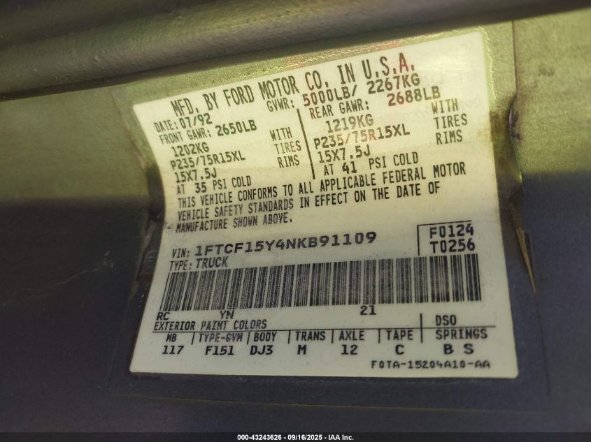1992 Ford F150 VIN: 1FTCF15Y4NKB91109 Lot: 43243626