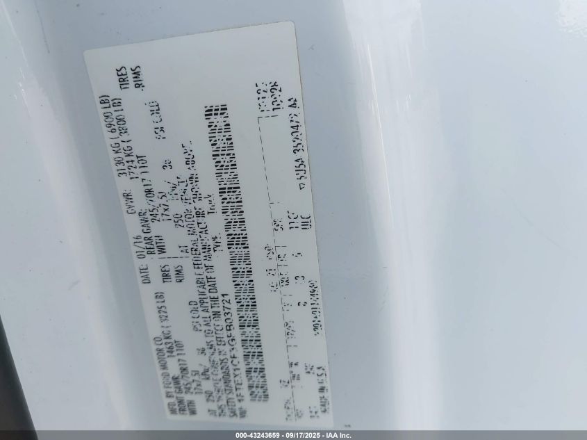 2016 Ford F-150 Xlt VIN: 1FTEX1CF3GFB03721 Lot: 43243659