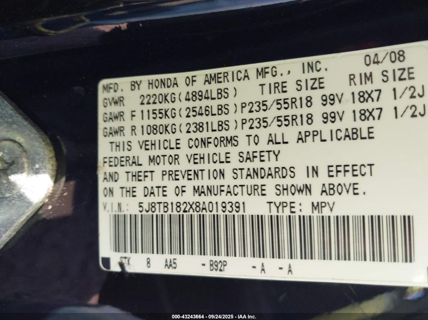2008 Acura Rdx VIN: 5J8TB182X8A019391 Lot: 43243664