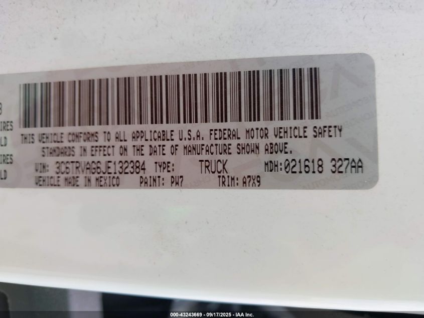 2018 Ram Promaster 1500 Low Roof 136 Wb VIN: 3C6TRVAG6JE132384 Lot: 43243669