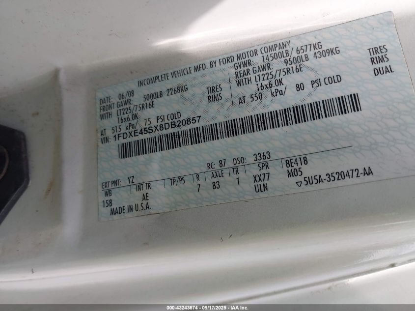 2008 Ford E-450 Cutaway VIN: 1FDXE45SX8DB20857 Lot: 43243674