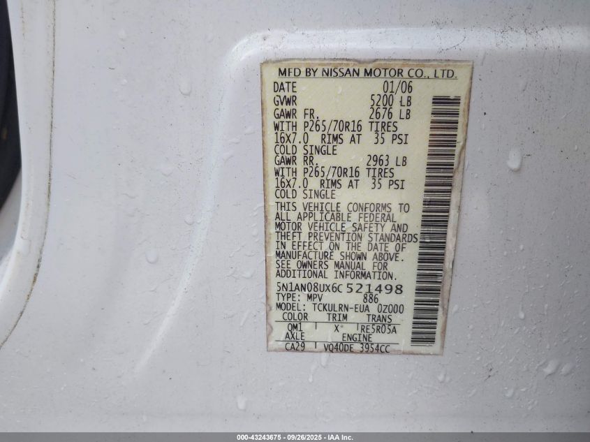 2006 Nissan Xterra S VIN: 5N1AN08UX6C521498 Lot: 43243675
