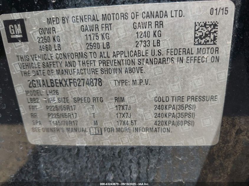 2015 Chevrolet Equinox 1Lt VIN: 2GNALBEKXF6274878 Lot: 43243679