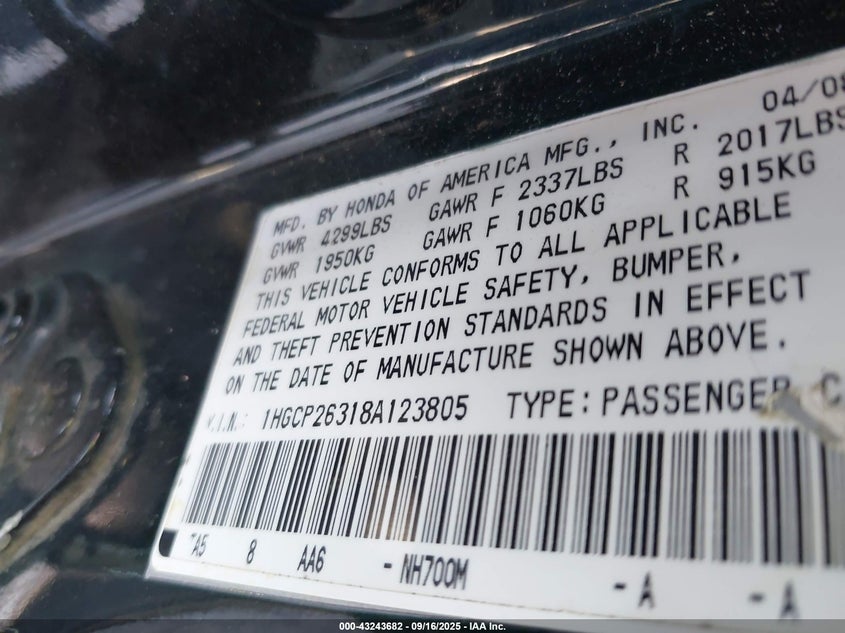 1HGCP26318A123805 2008 HONDA ACCORD photo no. 9