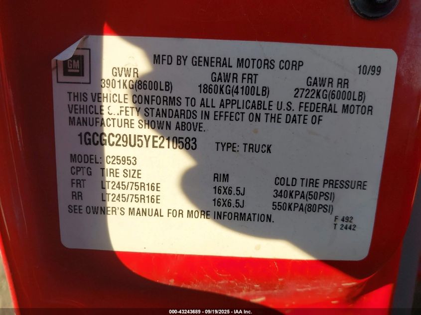 2000 Chevrolet Silverado 2500 Ls VIN: 1GCGC29U5YE210583 Lot: 43243689