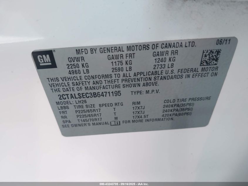 2011 GMC Terrain Sle-2 VIN: 2CTALSEC3B6471195 Lot: 43243705