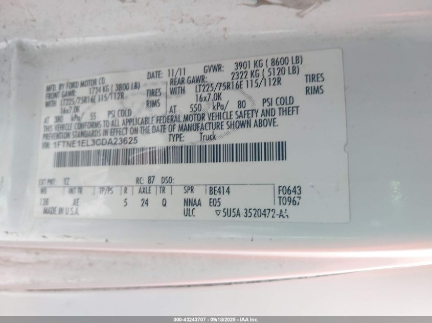 2012 Ford E-150 Commercial VIN: 1FTNE1EL3CDA23625 Lot: 43243707