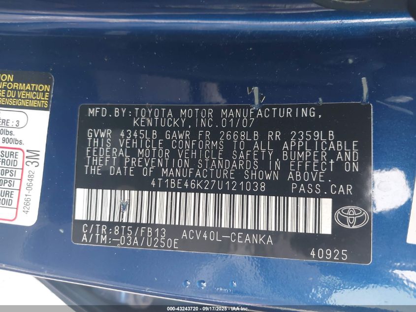 2007 Toyota Camry Le VIN: 4T1BE46K27U121038 Lot: 43243720