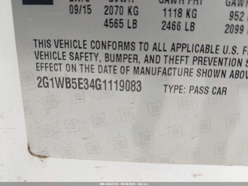 2016 Chevrolet Impala Limited Lt VIN: 2G1WB5E34G1119083 Lot: 43243743