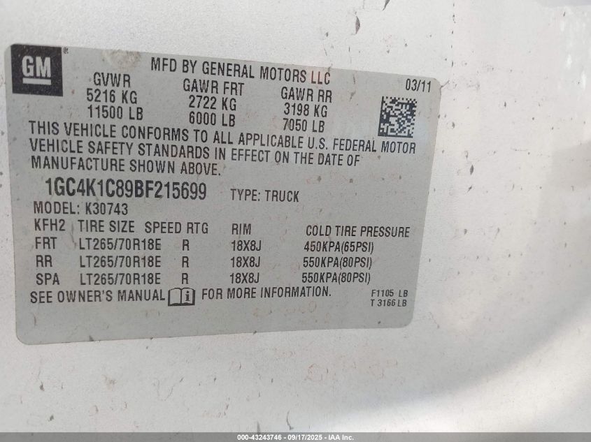 2011 Chevrolet Silverado 3500Hd Ltz VIN: 1GC4K1C89BF215699 Lot: 43243746