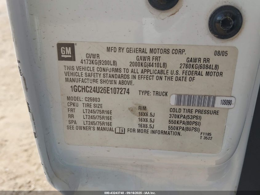 2006 Chevrolet Silverado 2500Hd Work Truck VIN: 1GCHC24U26E107274 Lot: 43243748