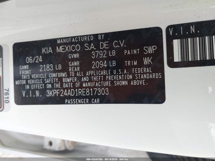 2024 Kia Forte Lxs VIN: 3KPF24AD1RE817303 Lot: 43243760