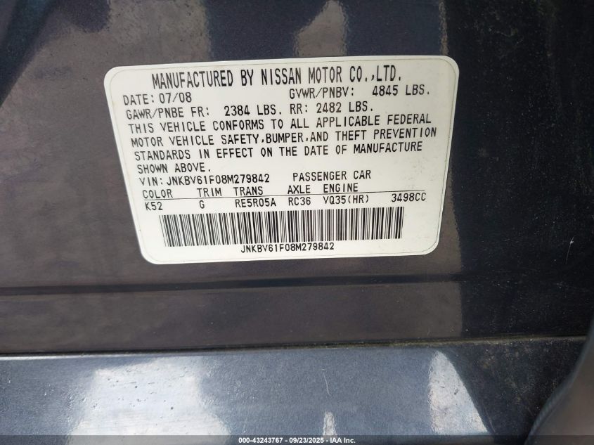 2008 Infiniti G35X VIN: JNKBV61F08M279842 Lot: 43243767
