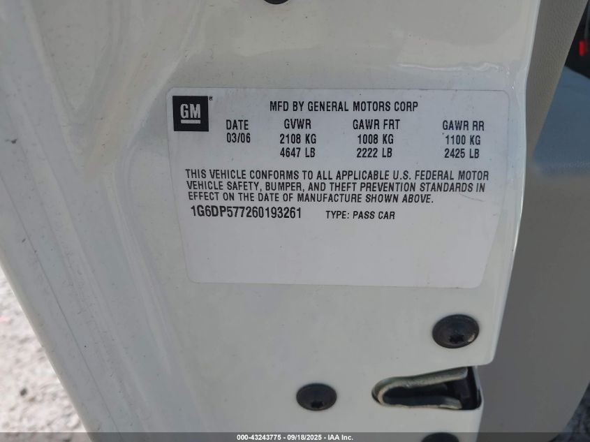 2006 Cadillac Cts Standard VIN: 1G6DP577260193261 Lot: 43243775