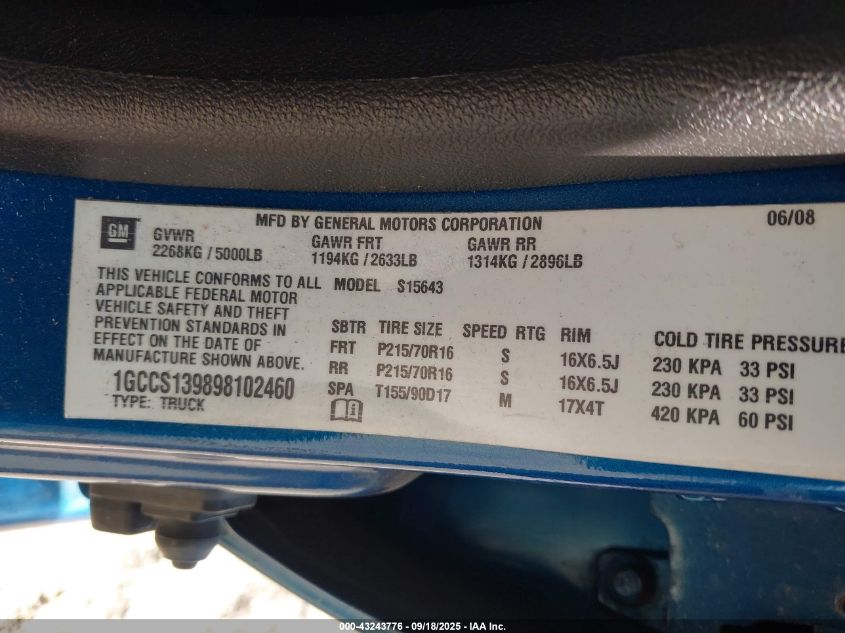 2009 Chevrolet Colorado Lt VIN: 1GCCS139898102460 Lot: 43243776