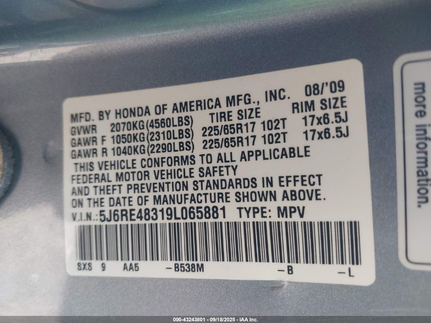 2009 Honda Cr-V Lx VIN: 5J6RE48319L065881 Lot: 43243801