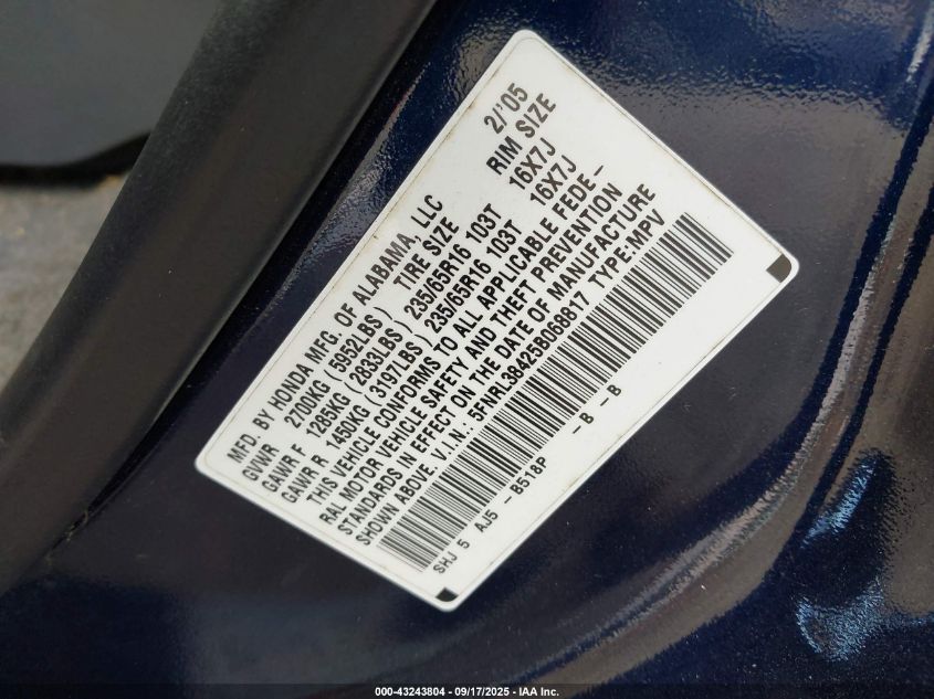 2005 Honda Odyssey Ex VIN: 5FNRL38425B068817 Lot: 43243804