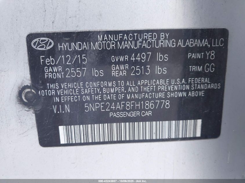 2015 Hyundai Sonata Se VIN: 5NPE24AF8FH186778 Lot: 43243807