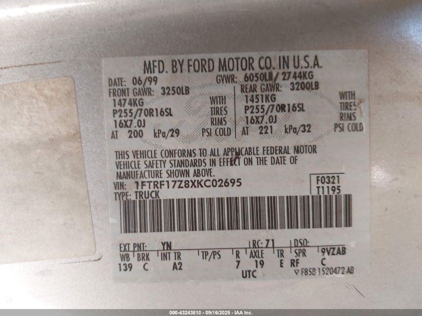 1999 Ford F-150 Lariat/Work Series/Xl/Xlt VIN: 1FTRF17Z8XKC02695 Lot: 43243810