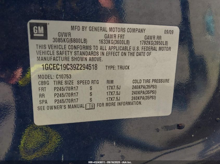 2009 Chevrolet Silverado 1500 Ls VIN: 1GCEC19C39Z294518 Lot: 43243811