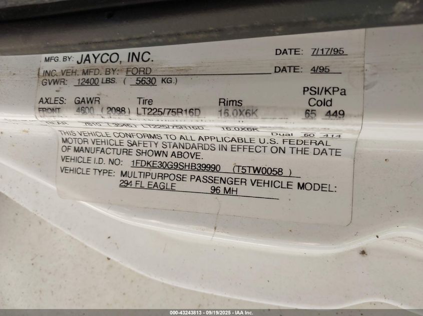 1996 Jayco Eagle VIN: 1FDKE30G9SHB39990 Lot: 43243813