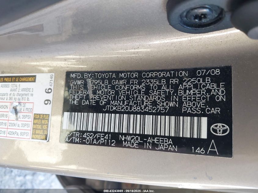 2008 Toyota Prius Touring VIN: JTDKB20U883452757 Lot: 43243869