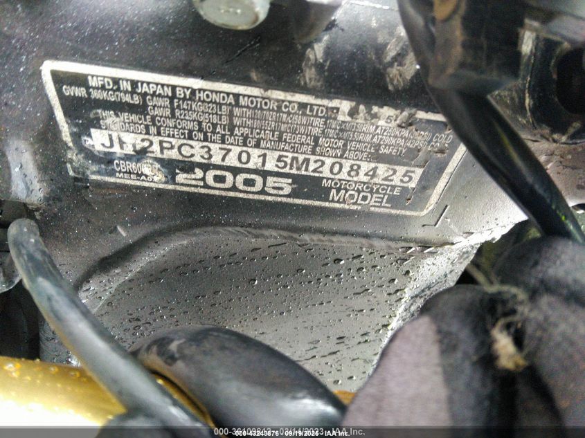 2005 Honda Cbr600 Rr VIN: JH2PC37015M208425 Lot: 43243876