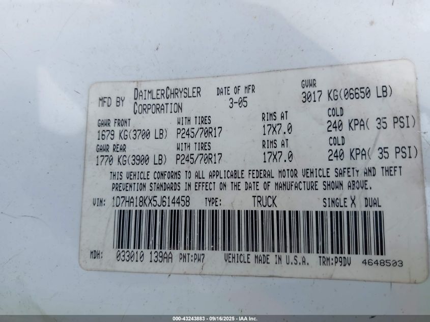 2005 Dodge Ram 1500 St VIN: 1D7HA18KX5J614458 Lot: 43243883