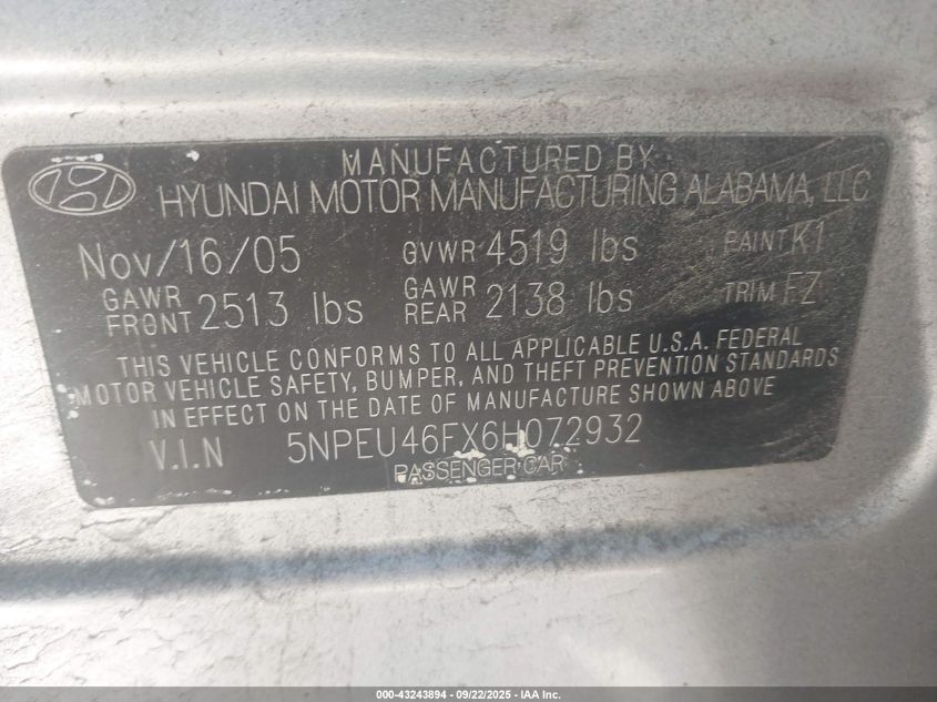 2006 Hyundai Sonata Gls V6/Lx V6 VIN: 5NPEU46FX6H072932 Lot: 43243894