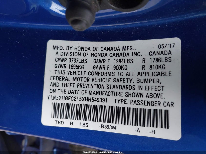 2017 Honda Civic 2.0 Lx Blue Lot 111043243914 Vin 2HGFC2F5XHH549391