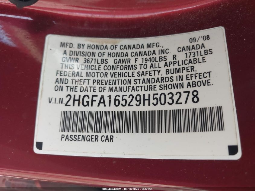 2009 Honda Civic Lx VIN: 2HGFA16529H503278 Lot: 43243921