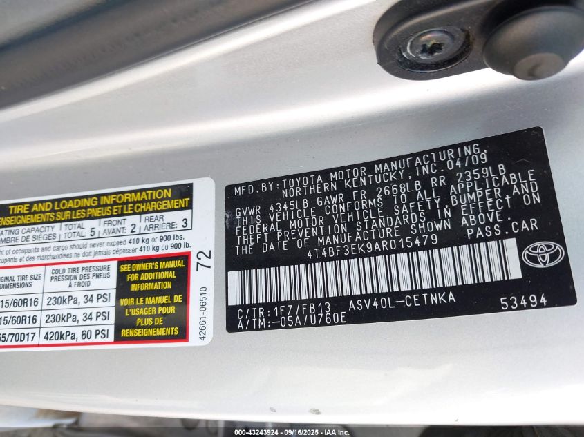 2010 Toyota Camry Le VIN: 4T4BF3EK9AR015479 Lot: 43243924
