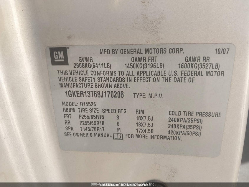 2008 GMC Acadia Sle-1 VIN: 1GKER13768J170206 Lot: 43243930