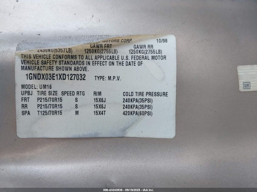 1999 Chevrolet Venture VIN: 1GNDX03E1XD127032 Lot: 43243936