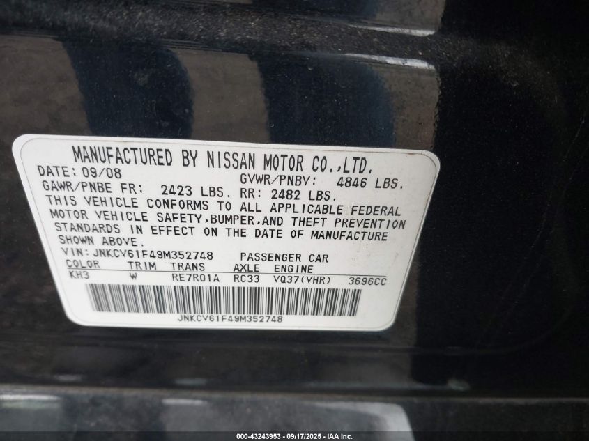 2009 Infiniti G37X VIN: JNKCV61F49M352748 Lot: 43243953