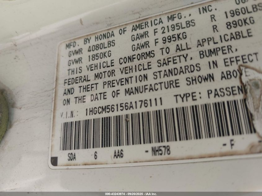 2006 Honda Accord 2.4 Vp VIN: 1HGCM56156A176111 Lot: 43243974