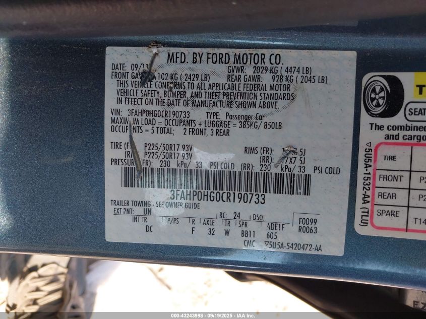 2012 Ford Fusion Se VIN: 3FAHP0HG0CR190733 Lot: 43243998